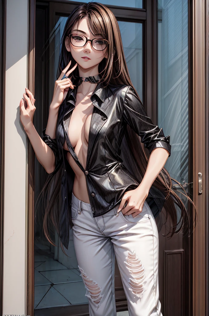 (masterpiece, best quality:1.2), detailed face, detailed eyes, elegant woman, long hair, high heeled,shiny skin,welcomes you at the door, Shirt, pants,random colar, ponitail hair,cool attitude,cool glasses,exciting,cool, perfect hand:1