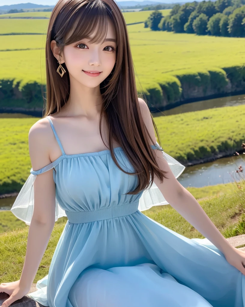 (Highest quality, 32k, High resolution, Masterpiece:1.5), marimo_jet, god々A photograph with brilliant dazzling and healing power., Evoking a sense of calm and elusive beauty, Expressing emotions, Have a rich imagination,Beautiful Japanese Girls, An exceptionally beautiful face, Small Face Beauty, Perfect Human Anatomy, Magical big eyes, Motherhood and generosity, Deep Love, fleeting smile, ((Shiny brown hair:1.1)), Super Long Straight Silk Hair, Asymmetrical bangs, Hair between the eyes, Transparent, soft white skin, Sharp eyebrows, Thin lashes, Natural Makeup, Cheek highlighter, Pale pink detailed lips, ((Blue dress:1.2)), High resolutionの完璧な鎖骨, High resolutionの美しい胸元, Slim figure with ample breasts, High resolutionの美しい太もも, Beautiful legs, ((On the hill in spring:1.3)), ((A rural landscape below the hills:1.4)), Sitting on a green meadow, ((Absolute area:1.6)), Dazzling sunlight, blue sky, White cloud, Professional Lighting, Professional photographer, Professional models, god秘的