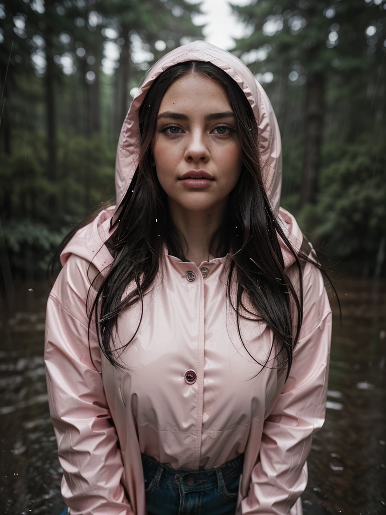 a pretty girl in a long light pink A frame buttoned thick raincoat, tall pink rainboots, long hair, wearing a hood, buttoned up coat, soaking wet in the rain, detailed facial features, beautiful detailed eyes, beautiful detailed lips, extremely detailed face and eyes, longeyelashes, photorealistic, 8k, masterpiece, highly detailed, intricate details, cinematic lighting, dramatic lighting, moody atmosphere, rainy, stormy weather, lush nature, forest background