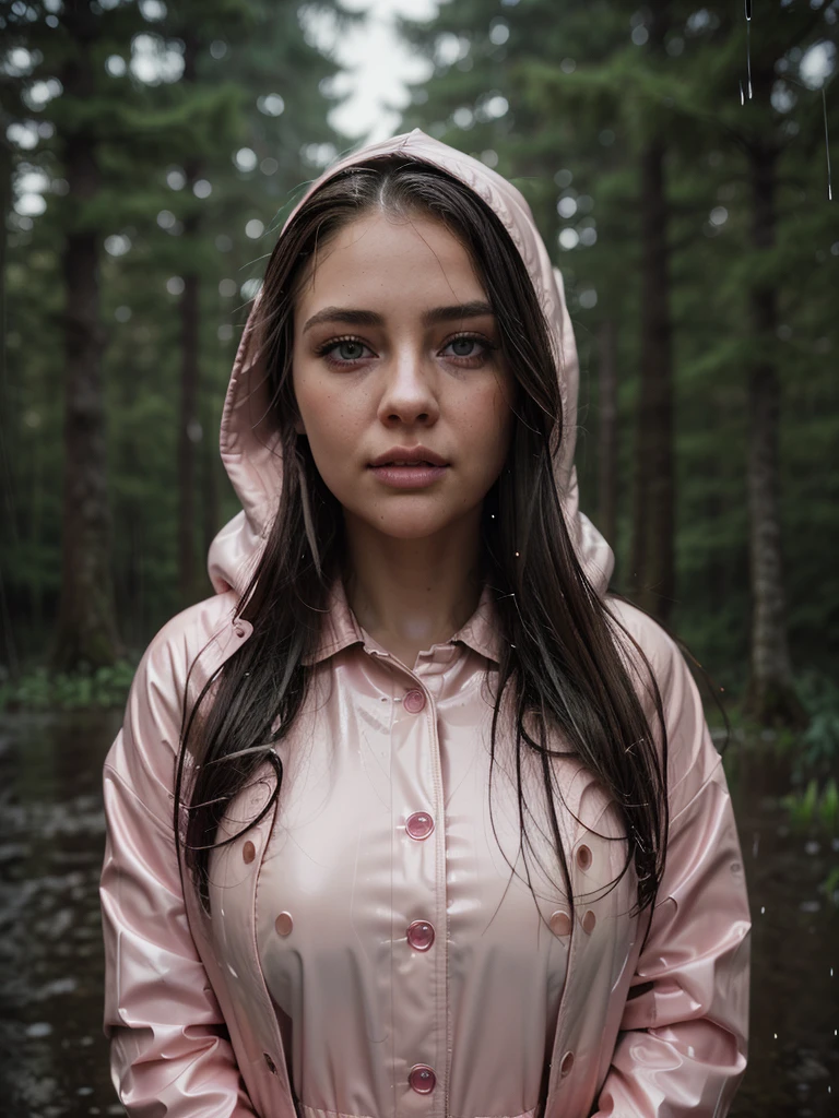 a pretty girl in a long light pink A frame buttoned thick raincoat, tall pink rainboots, long hair, wearing a hood, buttoned up coat, soaking wet in the rain, detailed facial features, beautiful detailed eyes, beautiful detailed lips, extremely detailed face and eyes, longeyelashes, photorealistic, 8k, masterpiece, highly detailed, intricate details, cinematic lighting, dramatic lighting, moody atmosphere, rainy, stormy weather, lush nature, forest background