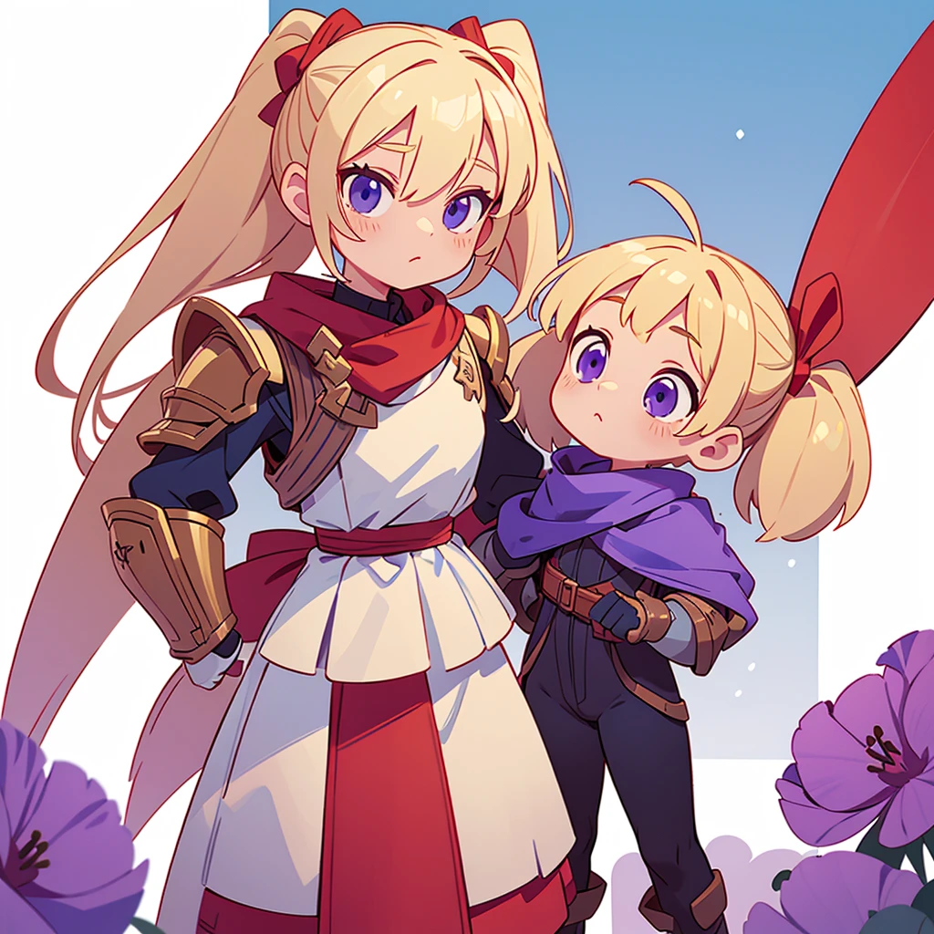 Her name is Poppy, He has very light blonde hair, wear two ponytails, light blue skin, violet eyes, Red scarf, bronze armor. She is short, mide 90cm, personaje whole body, shortstack girl, whole body. She must be alone, only her.