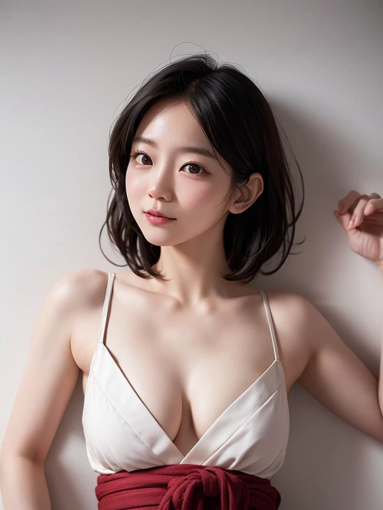 (Highest quality), (masterpiece), highly detailed, A young Riho Yoshioka, wearing a Japanese  uniform, is lying on her back on a bed with her knees raised to her ?????, ????????? open, and her ??????, with a ????? inserted into it, facing the viewer.,  body, whole body, Eyes that are evenly shaped, Big eyes, Droopy eyes, A dreamy look, Seductive pose, Sweating profusely, Short Hair, Almost flat ???????, she does shy smile, she is blushing, She has a full head of pubic hair, Beautiful ??????, I am ?????????? with her, get creampied, She is gasping with her mouth open, A simple background with just a sheet,
