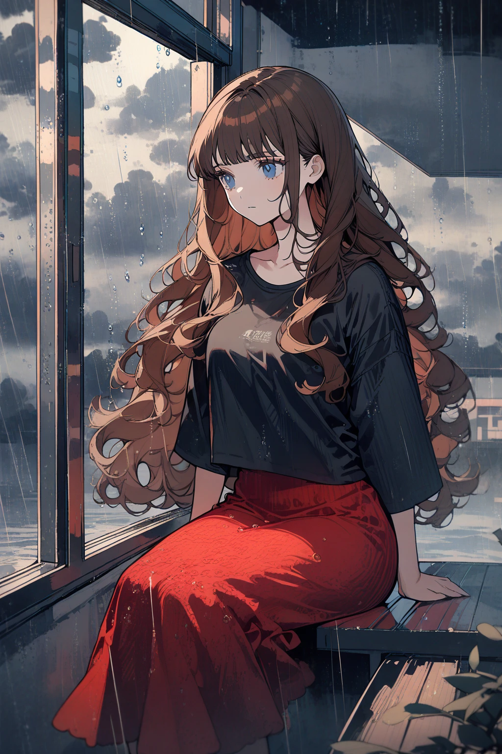 1 girl, CuteStyle, upper body, blue eyes, long hair with bangs, brown hair, looks away, sits on the windowsill, cloudy weather, black clouds, rain outside the window, water drops on the window, gray shades, dressed in a black T-shirt, big hips, sad look, red tulle, detailed, beautiful, delicate tones