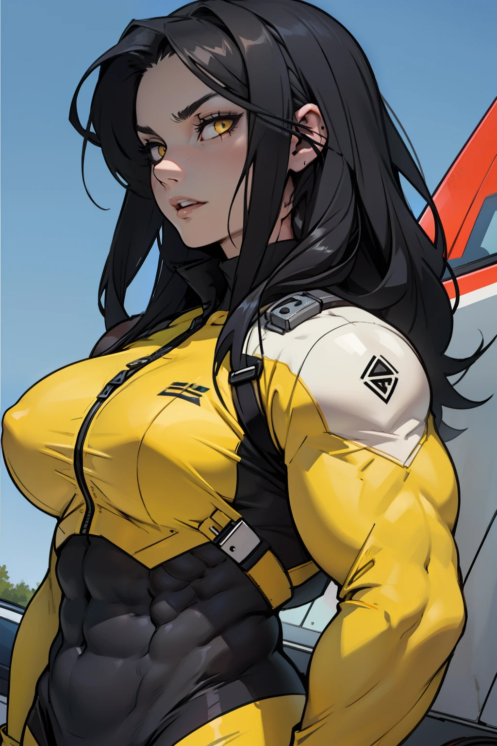 1 girl, black hair, yellow eyes, very long hair, pale skin, ((((extremely muscular)))), large breasts, (confident expression), pilot suit, close up