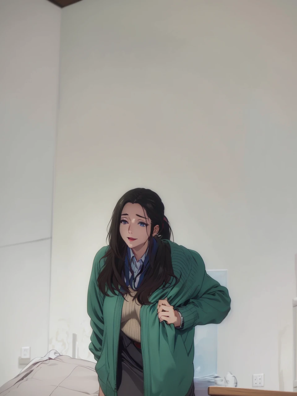 nsfw, (masterpiece, best quality, unity 8k wallpaper, highres, absurdres, background), depth of field, perfect lighting, cinematic shadows, BREAK
(super_perfect_good anatomy head face fingers arms hands, slender:1.3, constricted waist:1.3), solo, BREAK
(super_beautiful_detailed 1milf saggy_gigantic_very_long_breasts black_long_hair ponytail blue_kind_eyes face nose open_mouth skin sweater:1.2), haruhiko_ichijou_mother, BREAK
(service scenery background super_amazing_match:1.2), temptation, In heat, light smile, looking at viewer, from below, Indoor