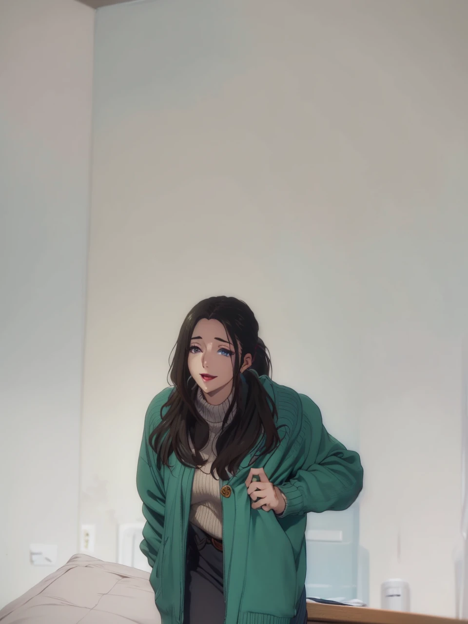 nsfw, (masterpiece, best quality, unity 8k wallpaper, highres, absurdres, background), depth of field, perfect lighting, cinematic shadows, BREAK
(super_perfect_good anatomy head face fingers arms hands, slender:1.3, constricted waist:1.3), solo, BREAK
(super_beautiful_detailed 1milf saggy_gigantic_very_long_breasts black_long_hair ponytail blue_kind_eyes face nose open_mouth skin sweater:1.2), haruhiko_ichijou_mother, BREAK
(service scenery background super_amazing_match:1.2), temptation, In heat, light smile, looking at viewer, from below, Indoor