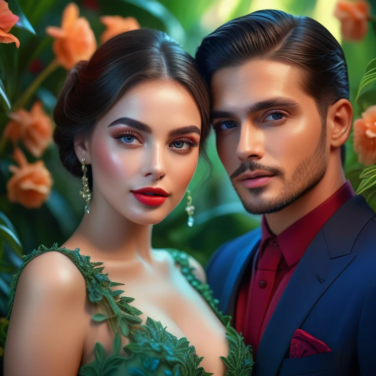 a romantic couple in a lush garden, beautiful detailed eyes, beautiful detailed lips, extremely detailed face and skin, long eyelashes, elegant dress, cinematic lighting, vibrant colors, intricate background details, photorealistic, (best quality,4k,8k,highres,masterpiece:1.2),ultra-detailed,(realistic,photorealistic,photo-realistic:1.37)