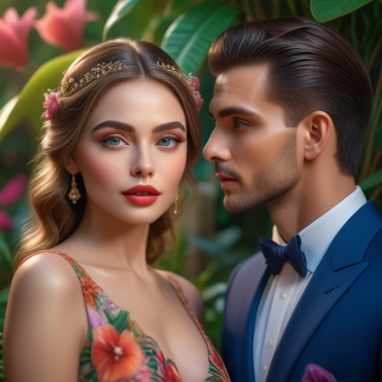 a romantic couple in a lush garden, beautiful detailed eyes, beautiful detailed lips, extremely detailed face and skin, long eyelashes, elegant dress, cinematic lighting, vibrant colors, intricate background details, photorealistic, (best quality,4k,8k,highres,masterpiece:1.2),ultra-detailed,(realistic,photorealistic,photo-realistic:1.37)