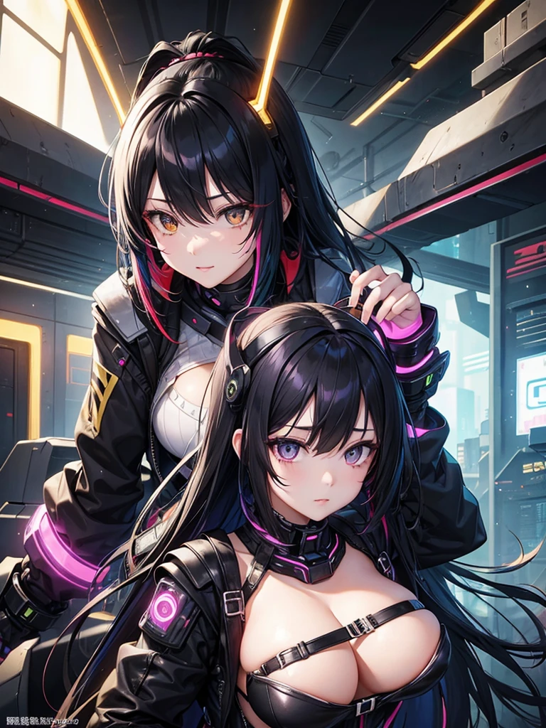woman、Early 20s、cyber punk、Black Hair、Long Hair、Multicolored Hair、Golden Eyes、breast enhancement、
