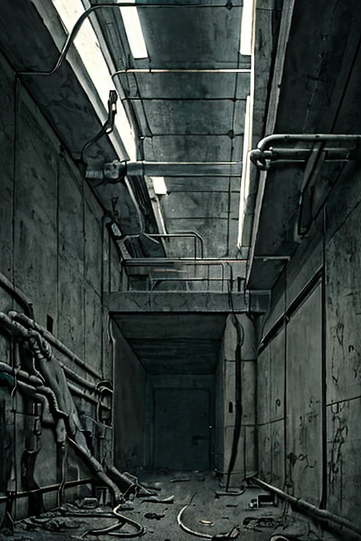 2d, anime drawing illustration, flat ink, thick outline, shaded shadows, natural lighting, In the dark, smoky old bunker from 1940., brutalist, cement, specific, steel pipes, aluminum air ducts, filthy, fatty, rusty, strange unusual angle anime illustration of a girl stormtrooper soldier, short tousled blonde hair, Beautiful face, патрулирование In the dark бункере, detailed face, confusingly detailed,