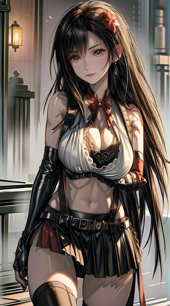 (8k、highest quality、MASTERPIECE:1.2)、(photorealistic:1.3 of 7)、Super Detailed、girl 1 person、mature、solo、(Tifa Lockheart)、(big chest)、(((huge lift clothes to show bra)))、(((black bra)))、(beautiful eyes)、(smiling:1.2)、(Closed)、erotic pose、dance、neons、street scenery、Depth Of Field、Dark and strong shadows、Sharp focus、auto、motion blur、bike、Depth Of Field、composition、Glowing green light、Final Fantasy VII, (nose blush)、Single Elbow Pad、Ankle Boots、dark black hair、toned thighs、red boots、Elbow Gloves、Elbow pads、Fingerless Gloves、Taut Shirt、sports bra、(suspenders), (Black Skirt)、thights、white tank top、All over body、head rest、Lips、Facial、Low Tai Long Hair、(red_Ojo)、Yellow flowers、(night:1.3)、Complex、Bokeh、Cinematic Lighting、Photon mapping、Radiosity、physically based rendering、(Tetsuya Nomura Style)、NSFW、Perfect Breasts