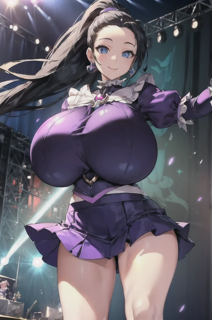 (best quality), (very aesthetic), (ultra-detailed), (best (best quality), (very aesthetic), (ultra-detailed), (best illustration),
(((one women))),(((black hair))),(((long hair))),(((high ponytail))),(((forehead))),(((blue eyes))),(((beautiful face))),(((huge breasts:1.8))),
BREAK,(((magical girl purple outfit,frill mini skirt:1.3)))
BREAK,(((seductive smile))),
BREAK,(((model posing))),(arm,behind back),
BREAK,(((On the stage at a music festival))),
BREAK, (((Angle from below)))