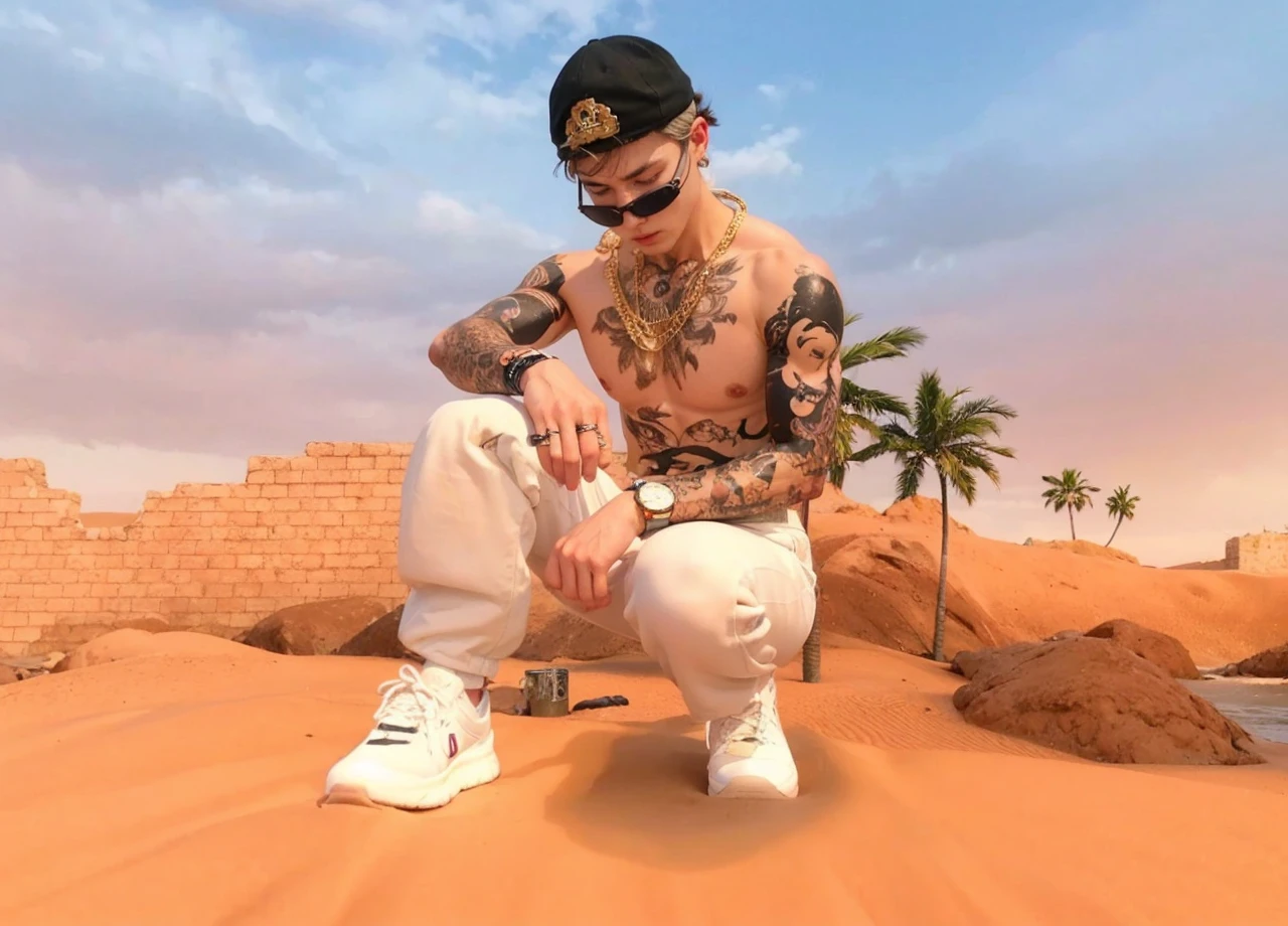 Man squatting shirtless black cap gold watch white pants white sneakers