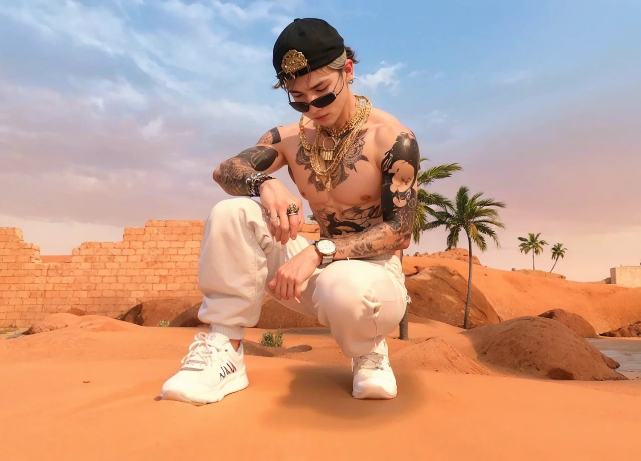 Man squatting shirtless black cap gold watch white pants white sneakers