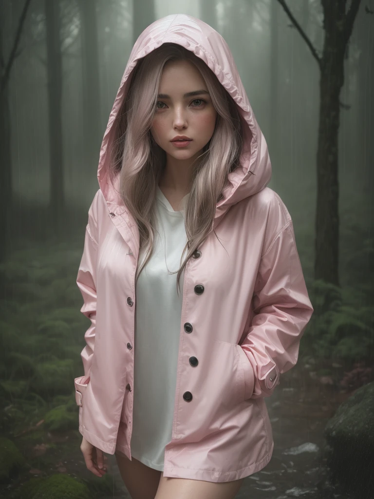 a pretty girl in a long light pink A frame buttoned thick raincoat, tall pink rainboots, long hair, wearing a hood, buttoned up coat, soaking wet in the rain, detailed facial features, beautiful detailed eyes, beautiful detailed lips, extremely detailed face and eyes, longeyelashes, photorealistic, 8k, masterpiece, highly detailed, intricate details, cinematic lighting, dramatic lighting, moody atmosphere, rainy, stormy weather, lush nature, forest background