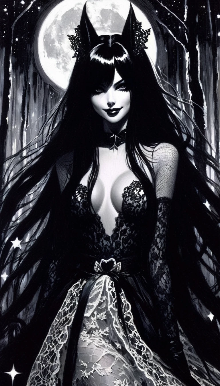 magical girl, very long black hair, very sexy lace dress, naked sinister forest, magic, fantastic, night sky, moons, stars, background, nsfw, face full week, week in face, week in body, all week full, smile, (art inspired by Bill Sienkiewicz). oil painting) black and white image
