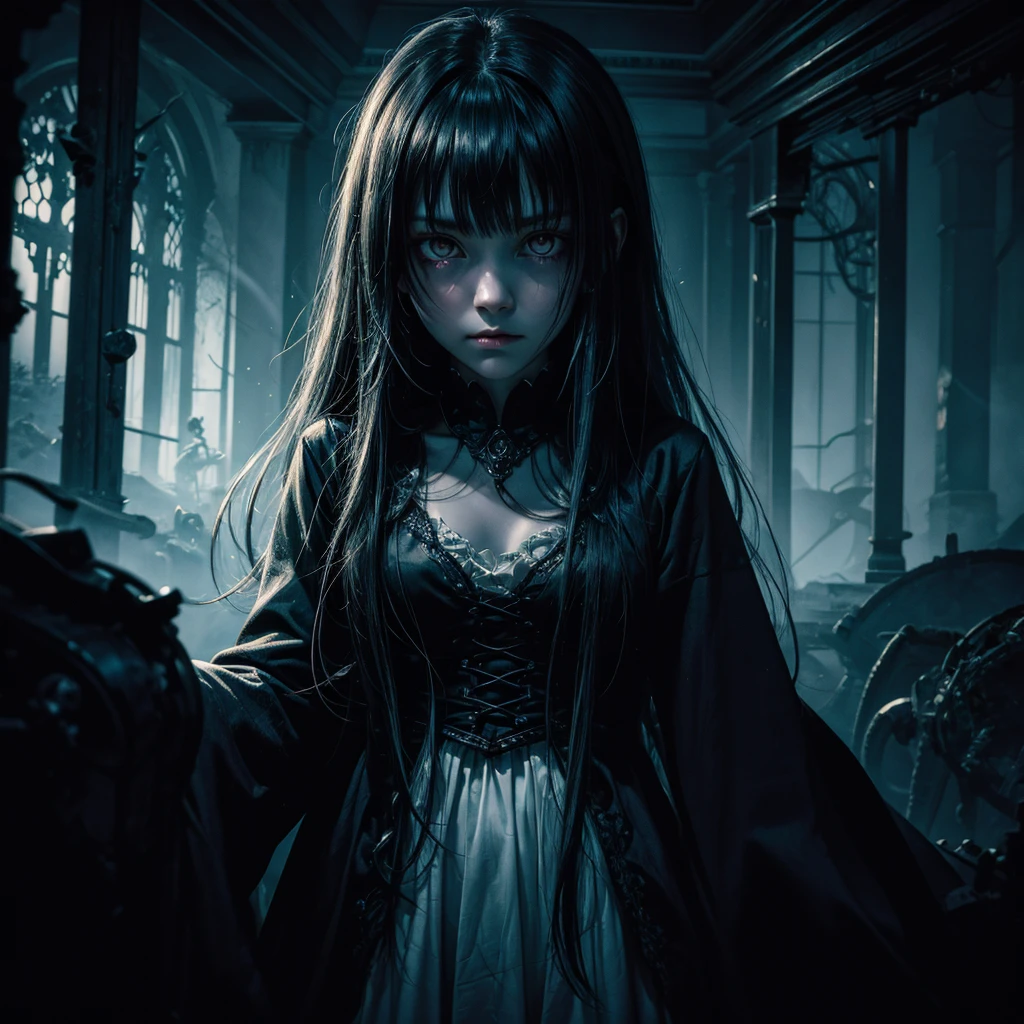 A ghostly girl with white eyes looks towards the camera with a sinister and tormented gaze, the scene appears dark and mysterious, generating anxiety