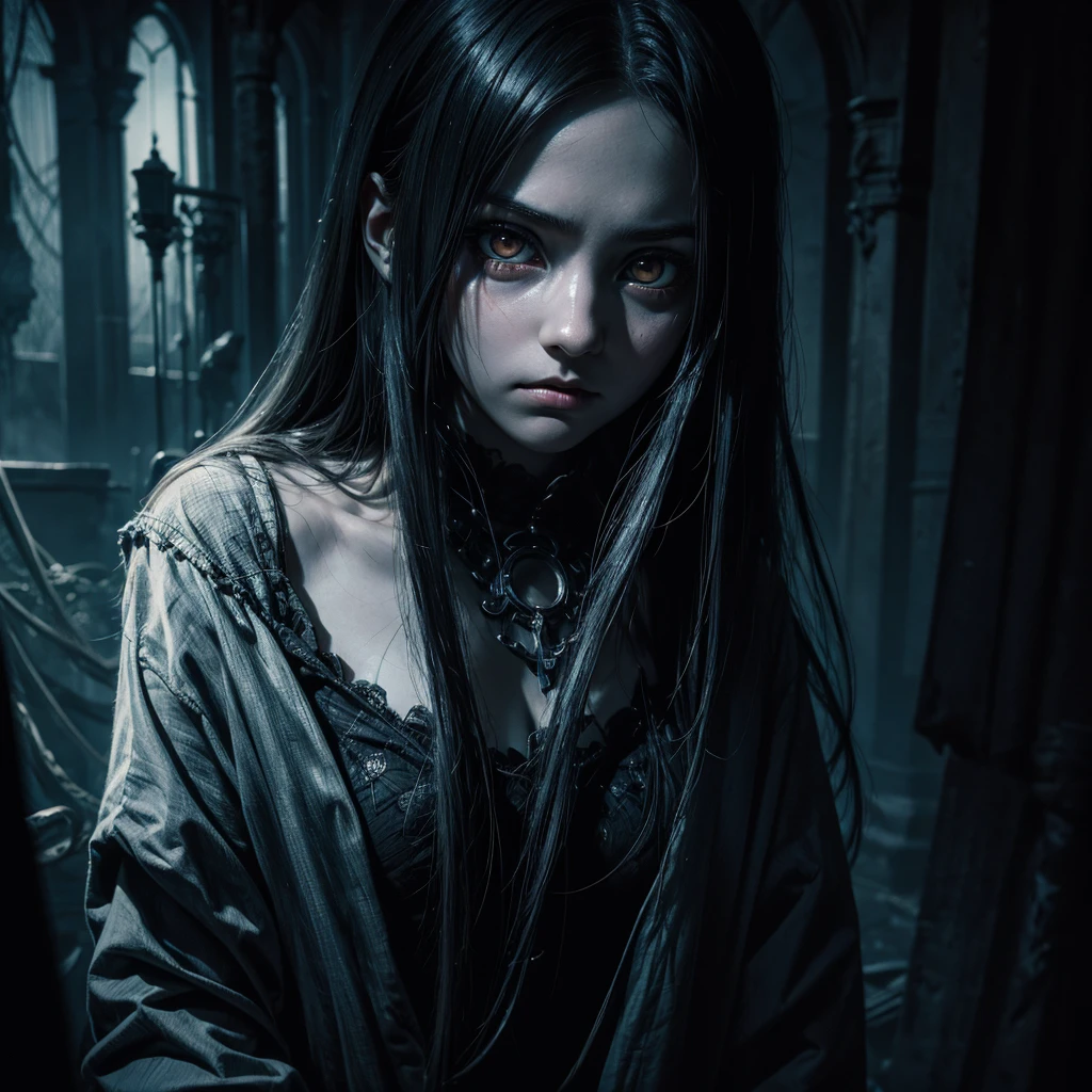 A ghostly girl with white eyes looks towards the camera with a sinister and tormented gaze, the scene appears dark and mysterious, generating anxiety