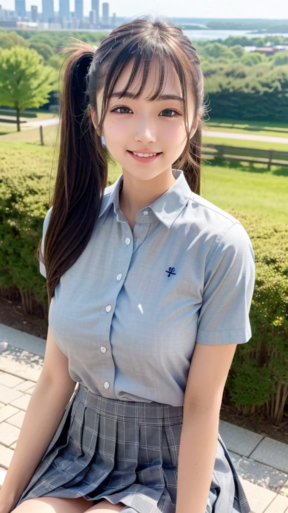 (masterpiece:1.3, highest quality, Ultra-high resolution, Super detailed), (Realistic:1.1, photoRealistic:1.4), Beautiful illustrations, Perfect lighting, colorful, Depth of written boundary, Beautiful detailed hair, Beautifully detailed face, Beautiful fine details, Beautiful clavicle, Beautiful body, Beautiful breasts, Beautiful thighs, Beautiful feet, Beautiful fingers, View your viewers, 1 girl, Japanese, high school girl, Perfect Face, (Perfect Anatomy, Anatomically correct), Cute and symmetrical face, Baby Face, Sunburn, Shiny skin, (Middle Hair:1.5, Twin tails:1.2, Blonde), Asymmetrical bangs, blue eyes, Long Eyelashes, (Medium chest), thin, ((Collared short-sleeved shirt, Light blue shirt, , Grey plaid pleated skirt, Navy them)), No panties, (Beautiful views), evening, (Outdoor, distant cityscape), Are standing, (peace sign), (Cute smile, Cheek blush、Upward glance, Open your mouth), (Opening a girl&#39;s pussy:1.3), Occasionally crouches:1.2,Stick your finger in pussy:1.3,