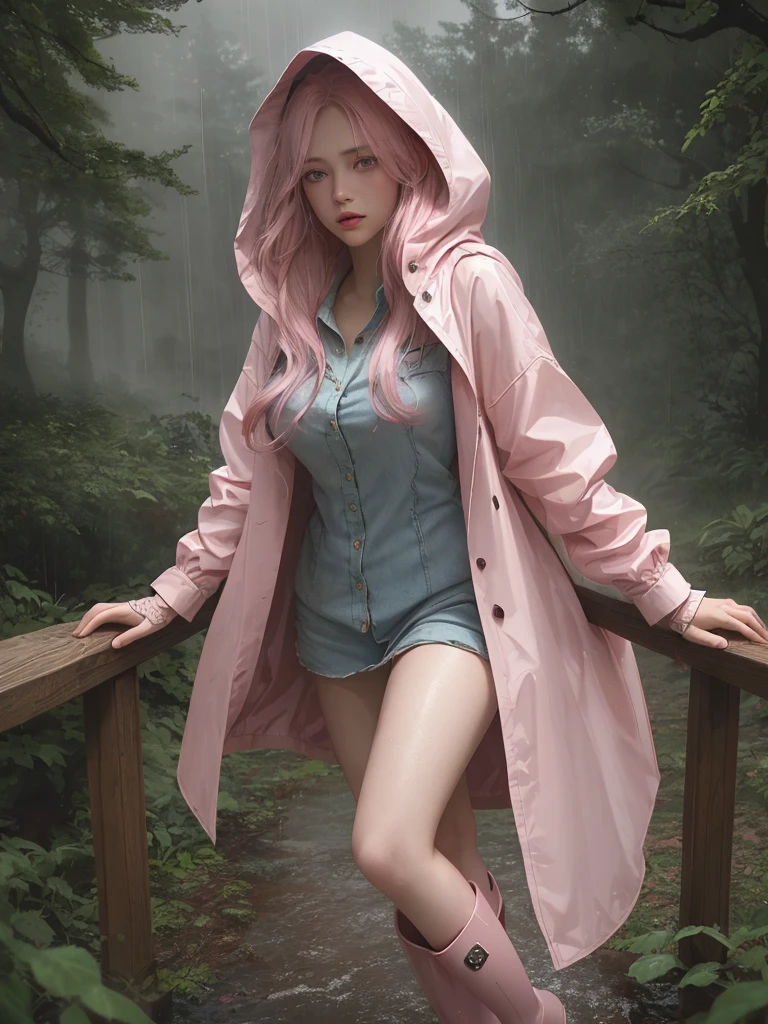 a pretty girl in a long light pink A frame buttoned thick raincoat, tall pink rainboots, long hair, wearing a hood, buttoned up coat, soaking wet in the rain, detailed facial features, beautiful detailed eyes, beautiful detailed lips, extremely detailed face and eyes, longeyelashes, photorealistic, 8k, masterpiece, highly detailed, intricate details, cinematic lighting, dramatic lighting, moody atmosphere, rainy, stormy weather, lush nature, forest background