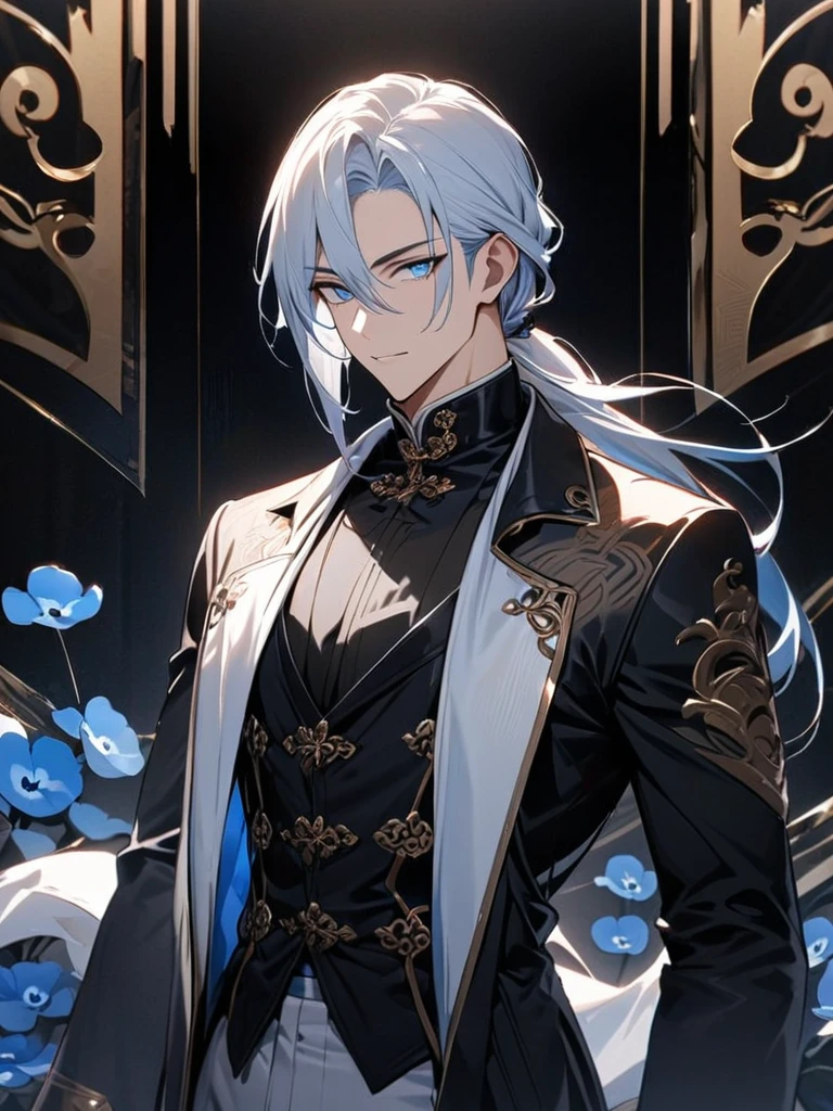 (masterpiece:1.5)，best quality，(1 Handsome man)，alone，white medium length hair，Low ponytail，(blue eyes), (A soft smile)，elegant，perfect face，Fantasy Chinese style，Long black trench coat，white and blue cloth，Complex clothing design with Chinese elements，Black leather gloves，white lining，White suit pants，Slightly muscular body，High，8K，Beautiful contrast of light and shadow，Dark luxury background，(complete upper body)，Positive face，((Nemophila))，luxury screen，blue flowers