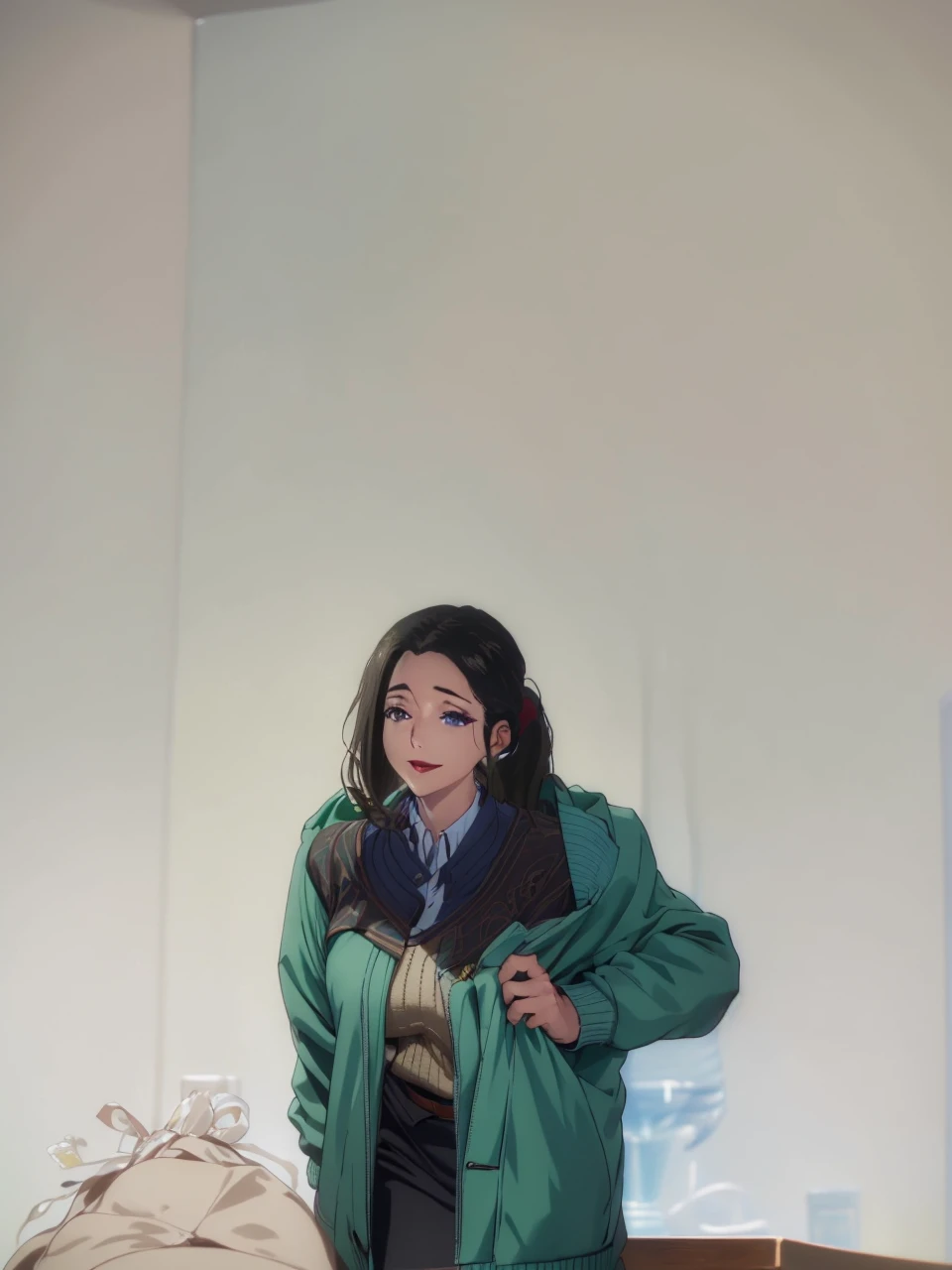 nsfw, (masterpiece, best quality, unity 8k wallpaper, highres, absurdres, background), depth of field, perfect lighting, cinematic shadows, BREAK
(super_perfect_good anatomy head face fingers arms hands, slender:1.3, constricted waist:1.3), solo, BREAK
(super_beautiful_detailed 1milf saggy_gigantic_very_long_breasts black_long_hair ponytail blue_kind_eyes face nose open_mouth skin sweater:1.2), haruhiko_ichijou_mother, BREAK
(service scenery background super_amazing_match:1.2), temptation, In heat, light smile, looking at viewer, from below, Indoor