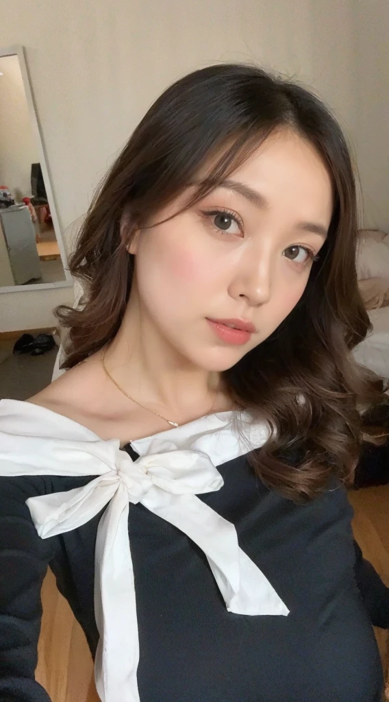 (best quality,8k,highres,masterpiece:1.2), realistic, photorealistic:1.37, UHD, studio lighting, sharp focus, extreme detail description, professional, vivid colors, bokeh, portraits, extremely detailed face texture, beautiful detailed eyes, beautiful detailed lips, extremely detailed hair, dark colored hair, youthful appearance, big round breast, cleavage, proportional eyes, seducing smile, clean and natural face, no makeup, bare face, indonesian face,