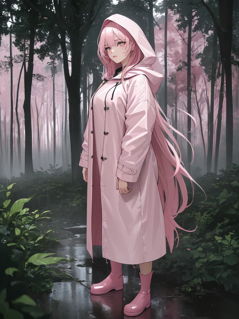 a pretty girl in a long light pink A frame buttoned thick raincoat, tall pink rainboots, long hair, wearing a hood, buttoned up coat, soaking wet in the rain, detailed facial features, beautiful detailed eyes, beautiful detailed lips, extremely detailed face and eyes, longeyelashes, photorealistic, 8k, masterpiece, highly detailed, intricate details, cinematic lighting, dramatic lighting, moody atmosphere, rainy, stormy weather, lush nature, forest background