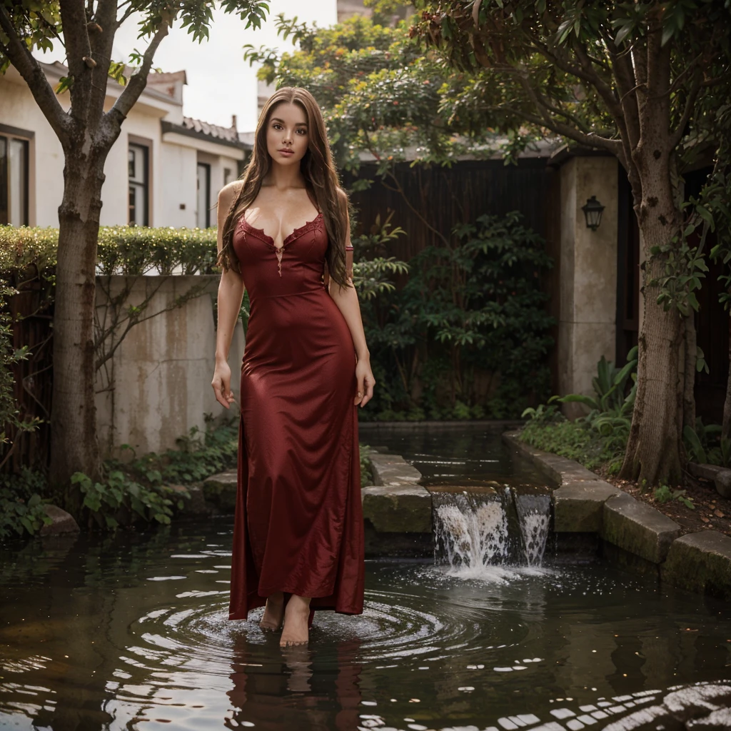 best quality, masterpiece, ultra-detailed, a woman standing alone by a jade tree, 1 woman, long brown hair, red dress, water, waves, detailed lips, full body, highly detailed face, axe, water dragon behind, 16k