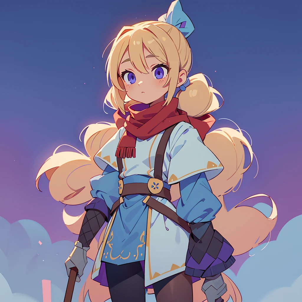 Her name is Poppy, He has very light blonde hair, wear two ponytails, light blue skin, violet eyes, Red scarf, bronze armor. She is short, mide 90cm, personaje whole body, shortstack girl, whole body. She must be alone, only her. Always look straight ahead, light blue skin.