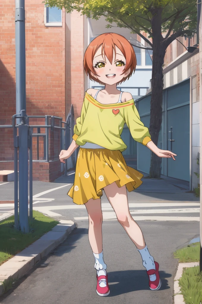 ,girl,happy,smile,,rin hoshizora ,open mouth,,looking viewer,,spoken heart,6yo,(petite),flat chest,grin,outdoor,socks,,,