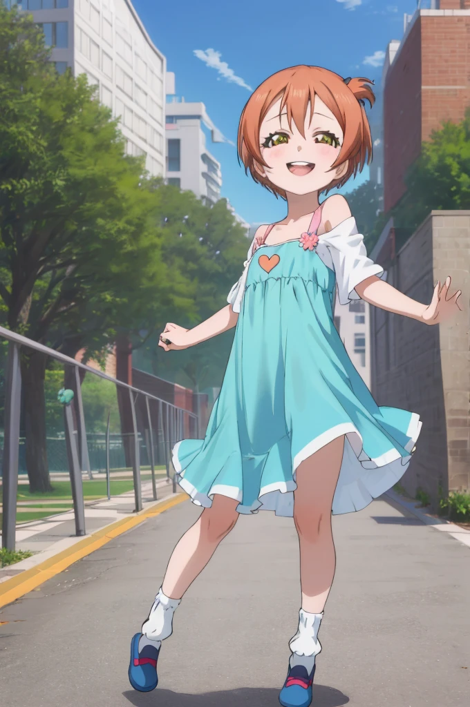 ,girl,happy,smile,,rin hoshizora ,open mouth,,looking viewer,,spoken heart,6yo,(petite),flat chest,grin,outdoor,socks,,,