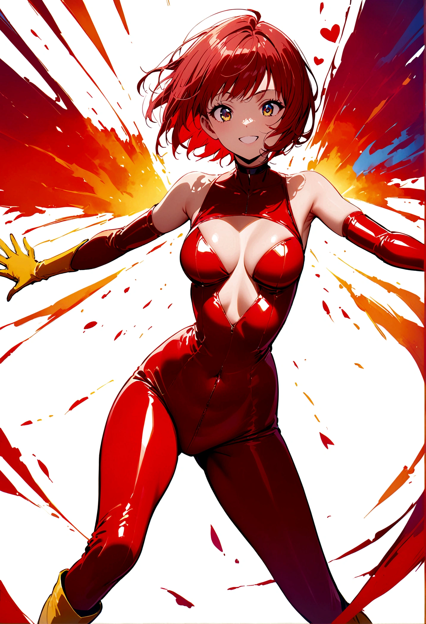 ((Masterpiece, top quality, high resolution)), ((highly detailed CG unified 8K wallpaper)), (huge stunning goddess shot, very hot and sexy, jaw-dropping beauty, perfect proportions, beautiful body, slim body beauty:1.1), 1 woman, 22 yo, 1990s anime screenshot, (cutie honey, Red hair, short hair repelled to the outside, big eyes, Detailed face and eyes, staring at camera:1.3), ((Blue and red tight suits, Detailed latex suit, glossy, blue tops, Red from belly to legs, Detailed, midrift top, cleavage cutout, cleavage, bare shoulders, bare backs, choker with heart symbol, yellow gloves, elbow gloves, yellow  boots, long boots, armlet:1.5)), the cloth is exploding, hands on hips, feet spread apart, (simple background, white background:1.8), smile, Dynamic poses, exploding backgrounds,