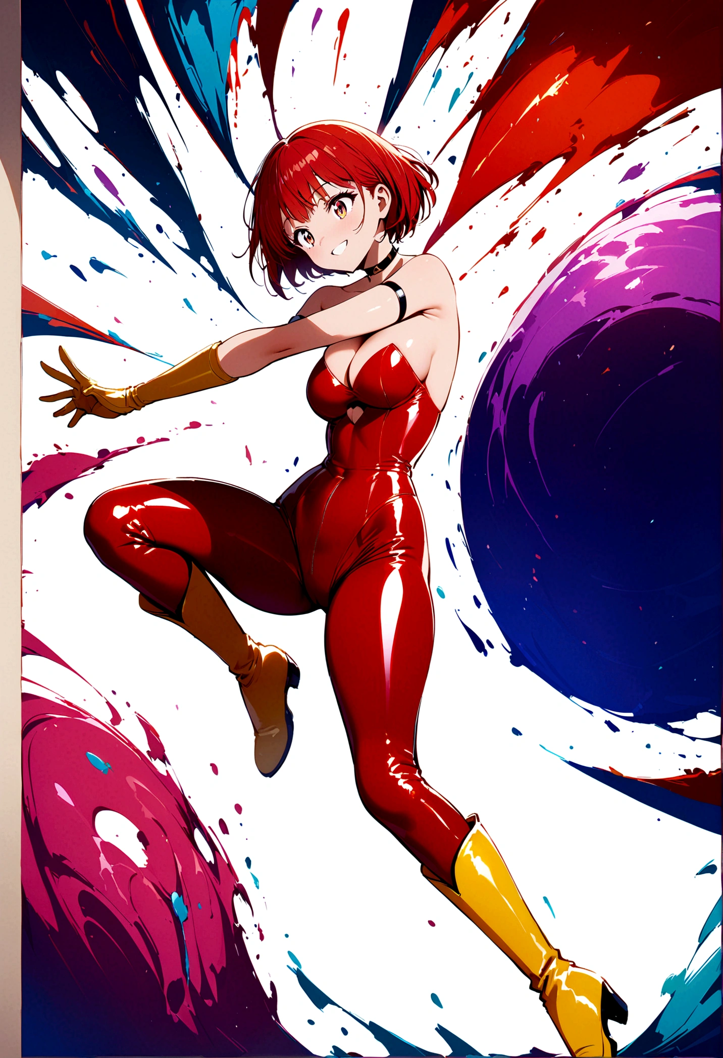 ((Masterpiece, top quality, high resolution)), ((highly detailed CG unified 8K wallpaper)), (huge stunning goddess shot, very hot and sexy, jaw-dropping beauty, perfect proportions, beautiful body, slim body beauty:1.1), 1 woman, 22 yo, 1990s anime screenshot, (cutie honey, Red hair, short hair repelled to the outside, big eyes, Detailed face and eyes, staring at camera:1.3), ((Blue and red tight suits, Detailed latex suit, glossy, blue tops, Red from belly to legs, Detailed, midrift top, cleavage cutout, cleavage, bare shoulders, bare backs, choker with heart symbol, yellow gloves, elbow gloves, yellow  boots, long boots, armlet:1.5)), the cloth is exploding, hands on hips, feet spread apart, (simple background, white background:1.8), smile, Dynamic poses, exploding backgrounds,