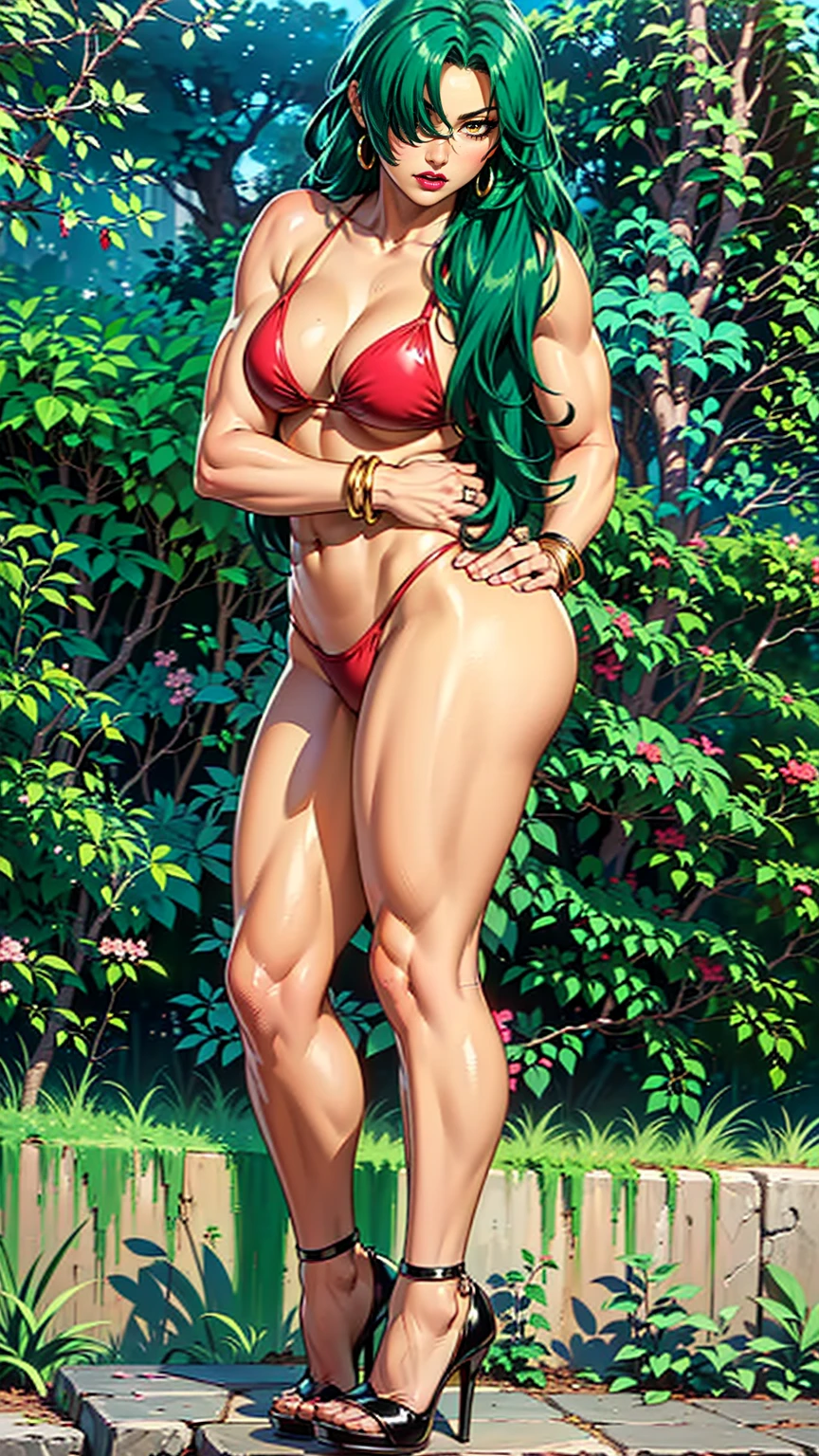 ((1girl, solo ,alone, long hair, green hair, yellow eyes, hair covering one eye, woman, (one hand on her hip) , dynamic pose, muscular female, gold bracelets, ruby earrings)), fitness, ((solo, (1woman, pink lipstick), Extremely detailed, ambient soft lighting, 4k, perfect eyes, a perfect face, perfect lighting, a 1girl)), ((fitness, , shapely body, athletic body, toned body)), ((red bikini, backyard, hedge, vines, plants, day, flowers, black high heels))