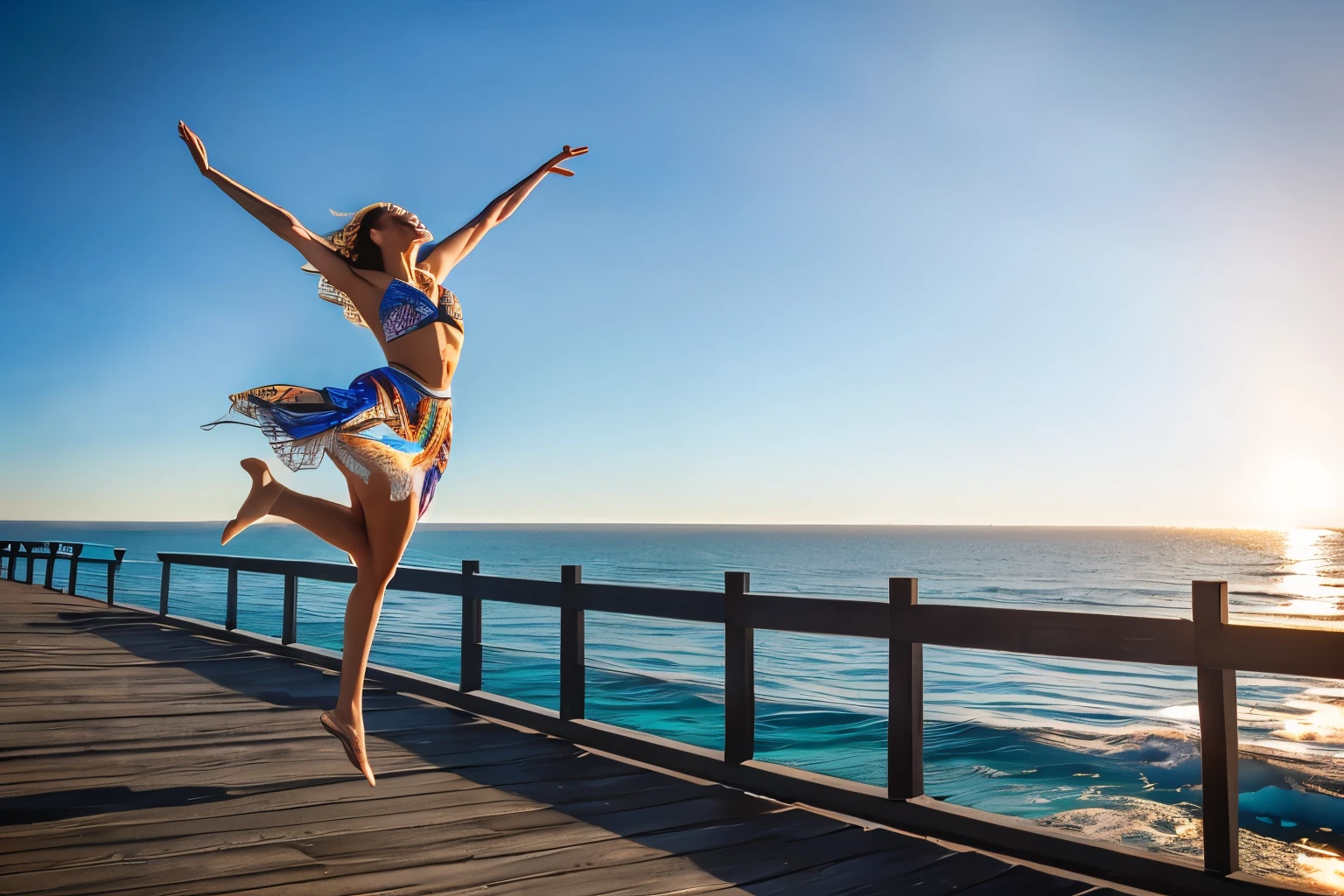 araffe woman standing on a pier with her arms outstretched in the air, girl dancing on cliff, leaping with arms up, beautiful view, jumping for joy, beautiful views, leaping into the air, dancing on the beach, karolina cummings, stunning visual, beautiful daylight, artistic interpretation, by Niko Henrichon, in a jumping float pose