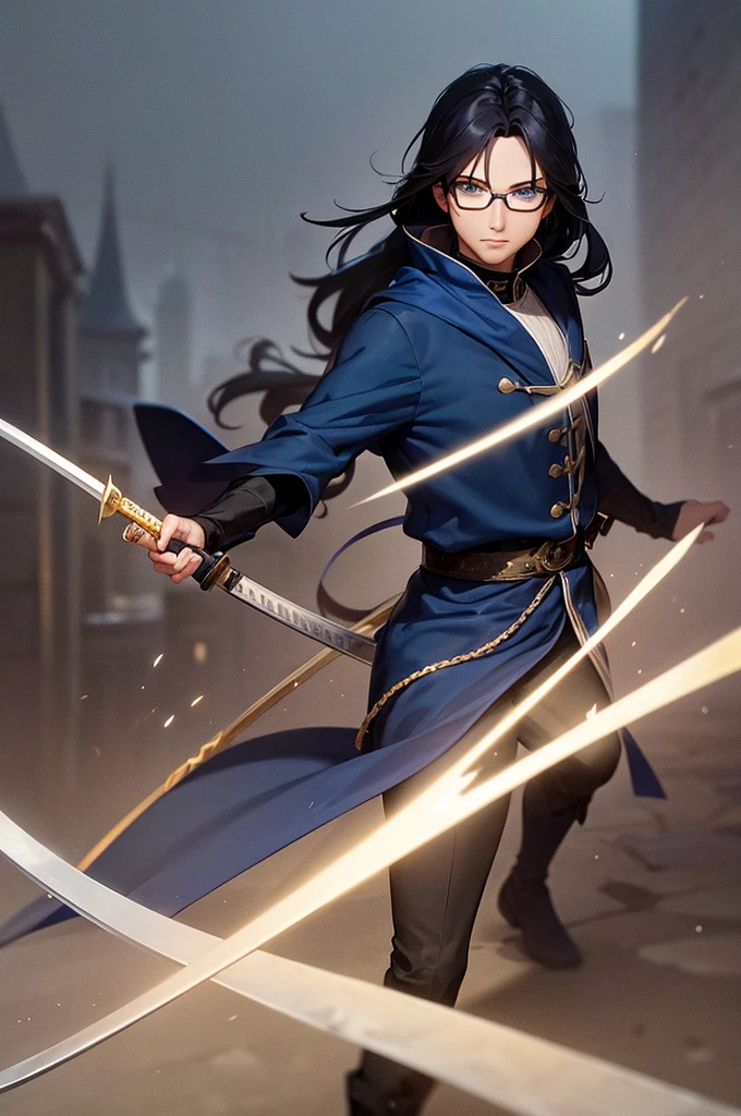 a man with glasses, long black hair wizard, dark blue eyes, wear blue and black wizard clothes, young magician, adventurous, use a katana sword, Intellectual, cold personality, medieval city background, estilo anime isekai