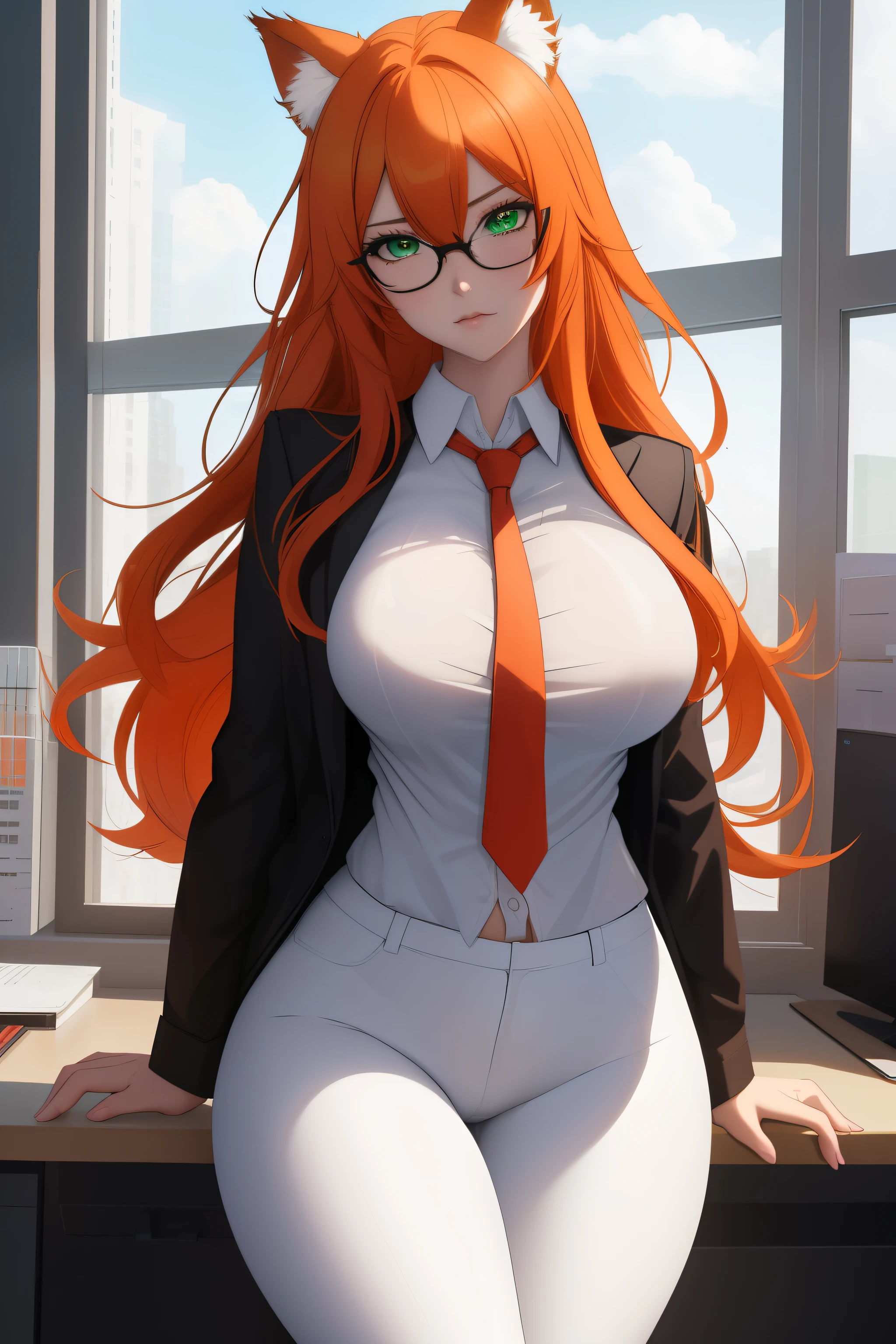 (masterpiece, Best quality), 8K, ultra detailed, realistic photo, Detailed face, perfect lighting, green eyes, bright orange hair, bright hair, fox ears, nice legs, side photo, beautiful, Cute, skin pores, 1 girl, perfect shirt, fully dressed, beautiful women 30 years old, Beautiful proportions, Russian woman, Caucasian, European, Business lady, stunningly beautiful woman, mother, thick legs, show ass, big breasts, (Thin white shirt:1.4), thick, hot, (White Office Wear:1.4), tight pants, (wide hips:1.2), thick, (white Office pants:1.3), spread your legs, Legs open, full length, wide hips, Glasses, with long orange hair, standing on the beach near the ocean, green eyes detailed digital anime art, cat ear, anime girl with long hair, гладкое аниме cg art, anime girl with long hair, digital anime art, work in Guweiz style, Beautiful anime portrait, Photorealistic render of an anime girl, pantyhose, Beautiful anime girl, advanced digital anime art, guweiz на artstation pixiv HD UHD HQ