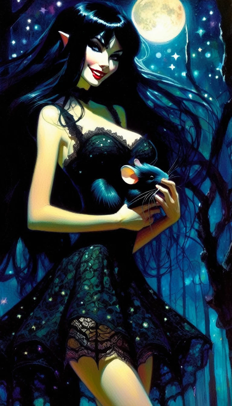 magical girl and her pet mouse, very long black hair, very sexy lace dress, naked sinister forest, magic, fantastic, night sky, moons, stars, background, nsfw, face full week, week in face, week in body, all week full, smile, (art inspired by Bill Sienkiewicz). oil painting)
