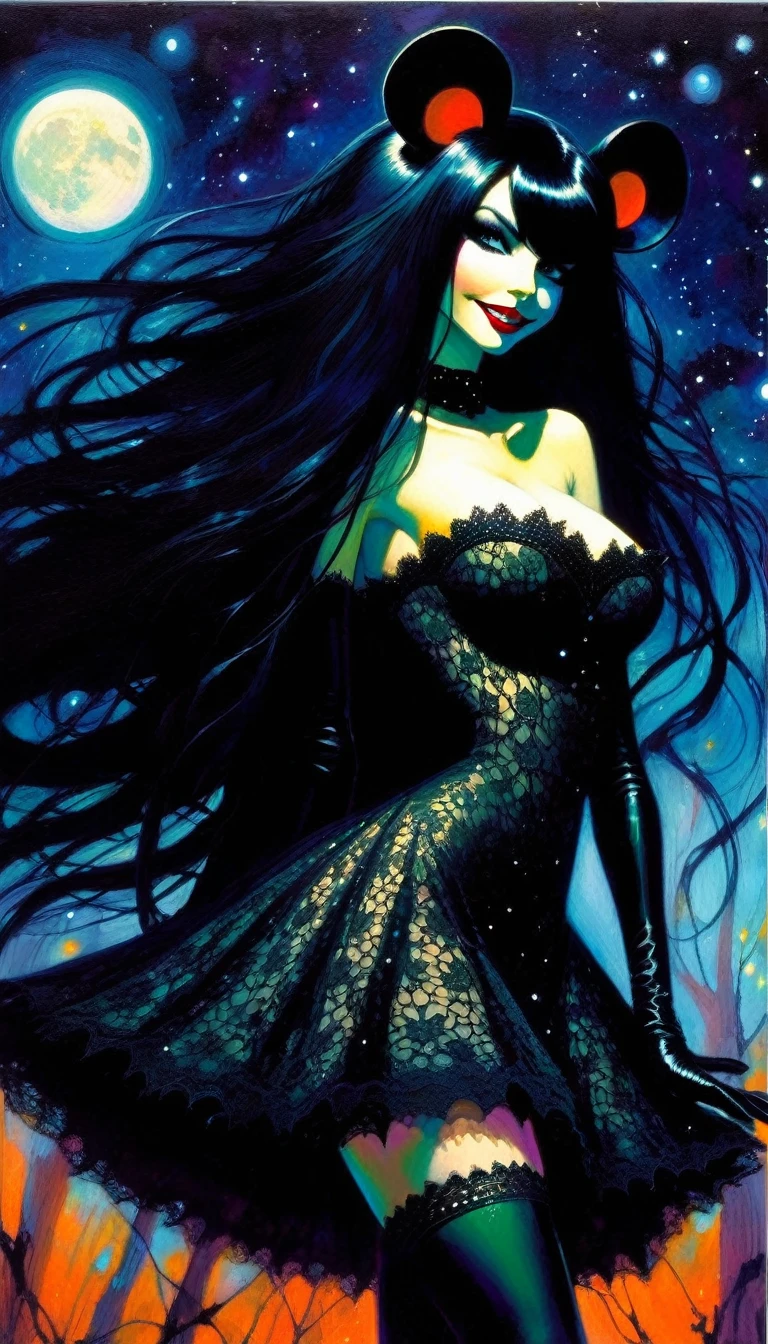magical girl and her pet mouse, very long black hair, very sexy lace dress, naked sinister forest, magic, fantastic, night sky, moons, stars, background, nsfw, face full week, week in face, week in body, all week full, smile, (art inspired by Bill Sienkiewicz). oil painting)