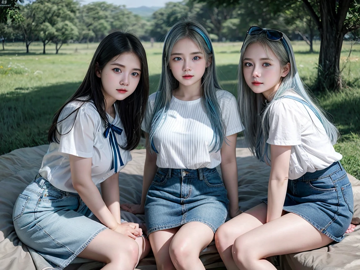 (3 girls), Indonesian baby face, 12 years, white skin, Round breast, blue eyes, meadow, silver hair, 8K, The details are very realistic...., The best of photography Wear a jeans skirt....