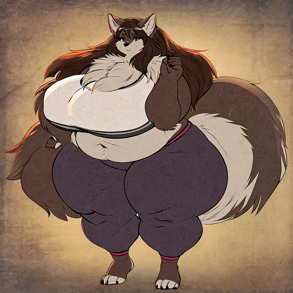Wolf, female, huge breasts, huge hips, huge thighs, plump, voluptuous, long hair, massive figure, gorgeous, beautiful, eyelashes, top heavy, bottom heavy,fat arms, fat legs, overweight,crop top, sweatpants, barefoot , fluffy, fluffy hair, fluffy arms, fluffy forearms, fluffy cheeks, fluffy tail, fluffy neck, thick fur,huge breasts, huge breasts, huge hips, huge hips, huge thighs, huge thighs