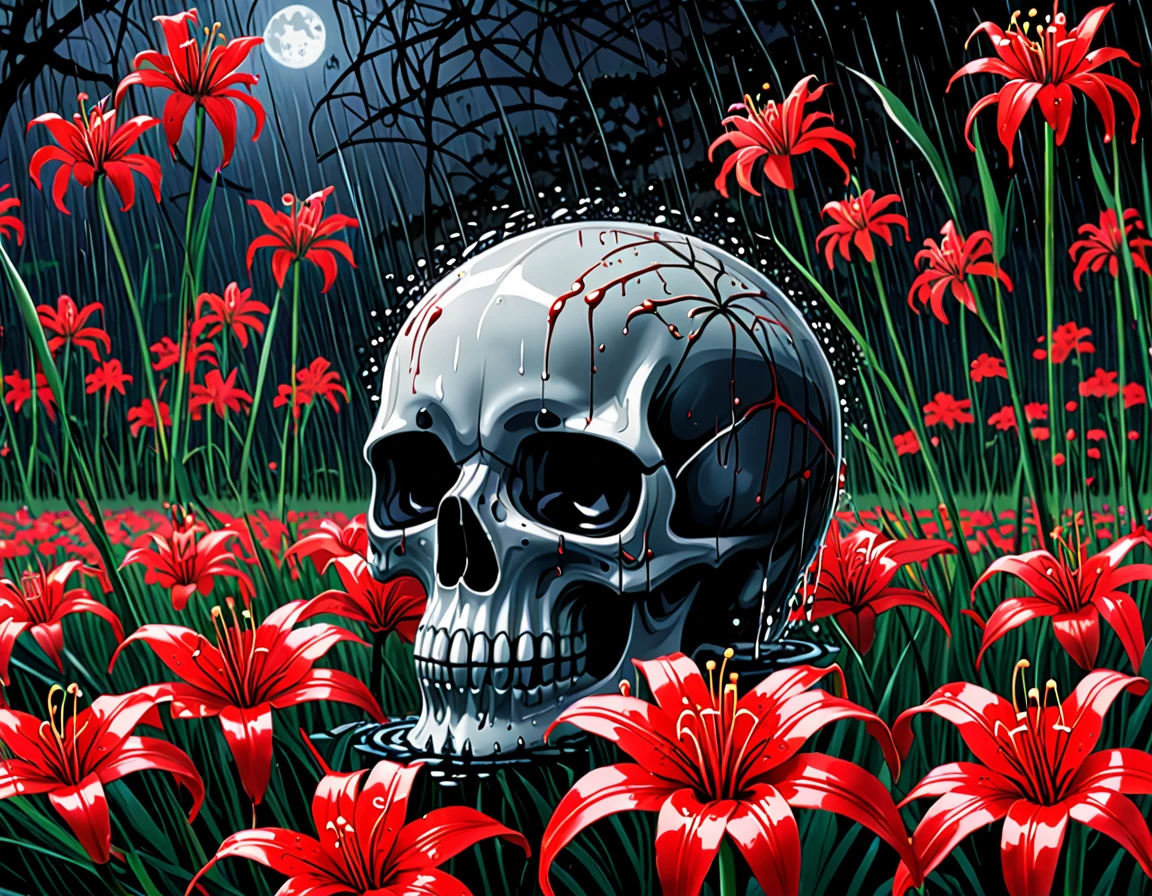 Midnight、Getting wet in the rain、A skull rolling around in a field of blooming red spider lilies