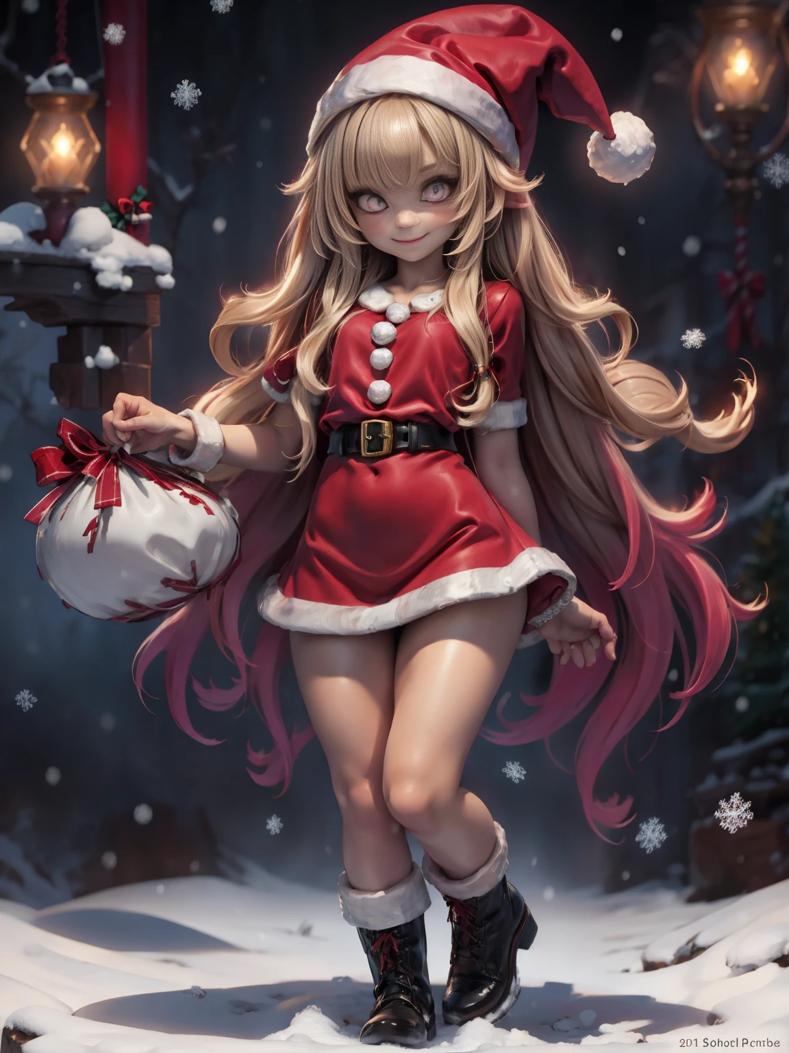 a smiling girl dressed as santa claus, full body, dynamic poses, ultra detailed, 8k, high resolution, best quality, masterpiece, chibi, snake eyes, kawaii eyes, christmas, santa costume, red and white, joyful expression, snow, winter, kawaii, cute, adorable, high quality render, detailed face, intricate details, sharp focus, lifelike, photorealistic