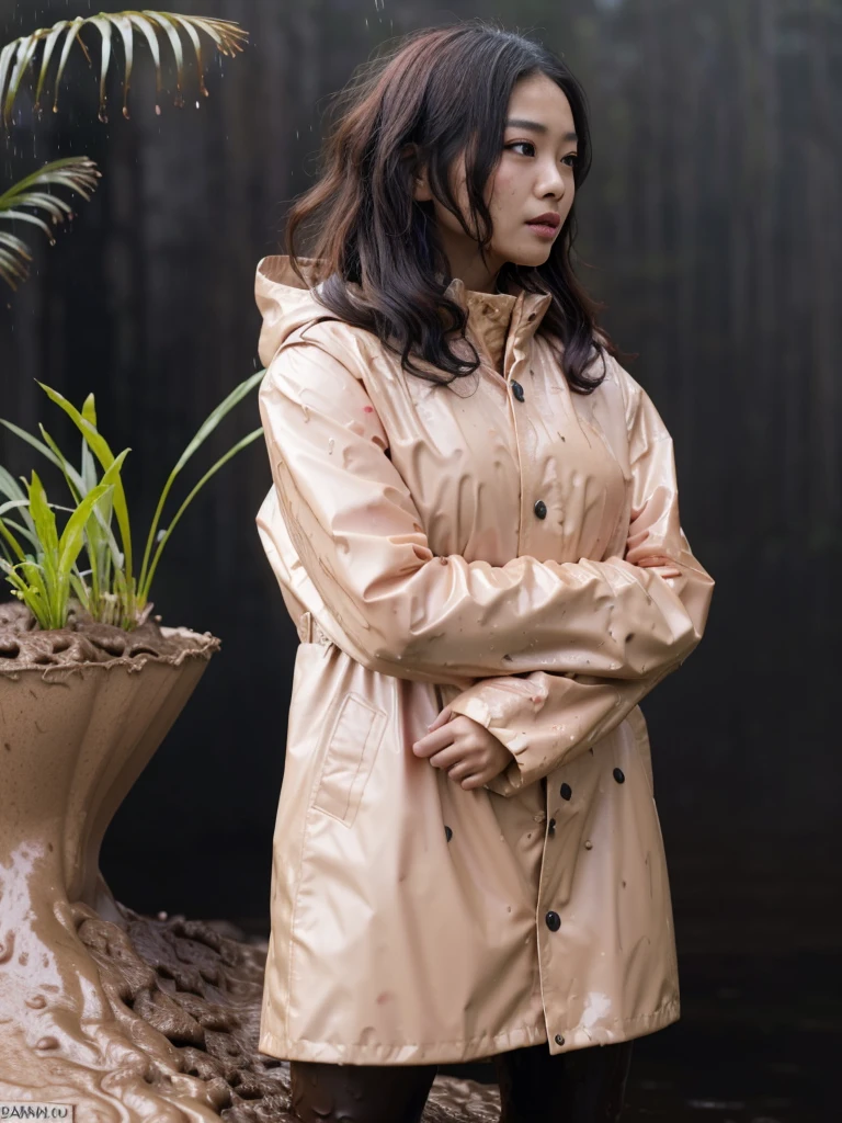 a beautiful young asian woman wearing a pink buttoned raincoat, her clothes and raincoat covered in mud, walking through a muddy field, (best quality,4k,8k,highres,masterpiece:1.2),ultra-detailed,(realistic,photorealistic,photo-realistic:1.37),HDR,UHD,studio lighting,ultra-fine painting,sharp focus,physically-based rendering,extreme detail description,professional,vivid colors,bokeh,portrait,realistic,photographic,natural lighting,muddy environment,rainy day