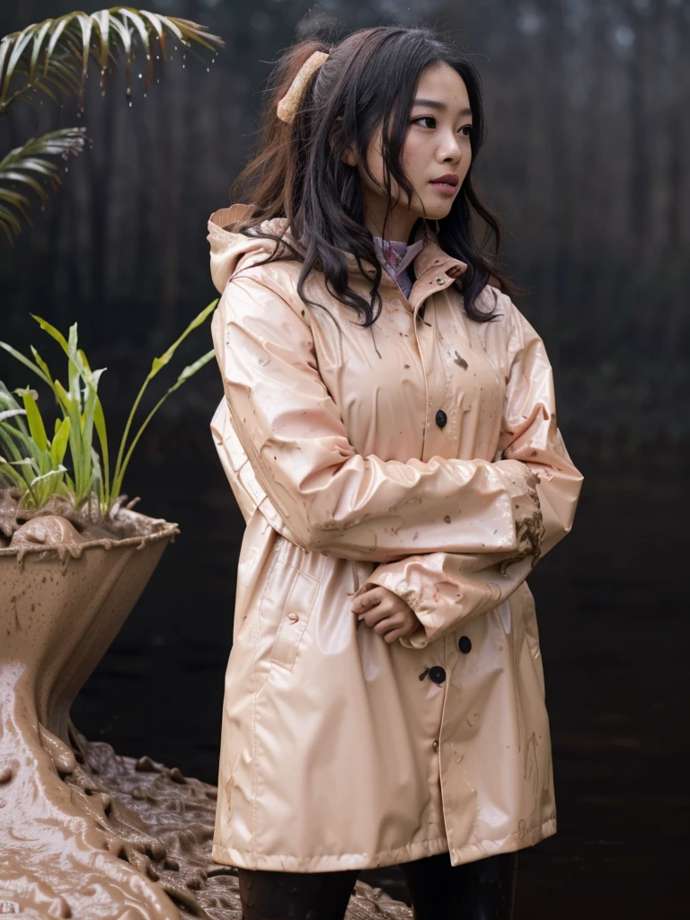 a beautiful young asian woman wearing a pink buttoned raincoat, her clothes and raincoat covered in mud, walking through a muddy field, (best quality,4k,8k,highres,masterpiece:1.2),ultra-detailed,(realistic,photorealistic,photo-realistic:1.37),HDR,UHD,studio lighting,ultra-fine painting,sharp focus,physically-based rendering,extreme detail description,professional,vivid colors,bokeh,portrait,realistic,photographic,natural lighting,muddy environment,rainy day