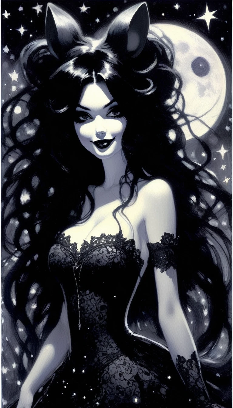 magical girl and her pet mouse, very long black hair, very sexy lace dress, naked sinister forest, magic, fantastic, night sky, moons, stars, background, nsfw, face full week, week in face, week in body, all week full, smile, (art inspired by Bill Sienkiewicz). oil painting) black and white image