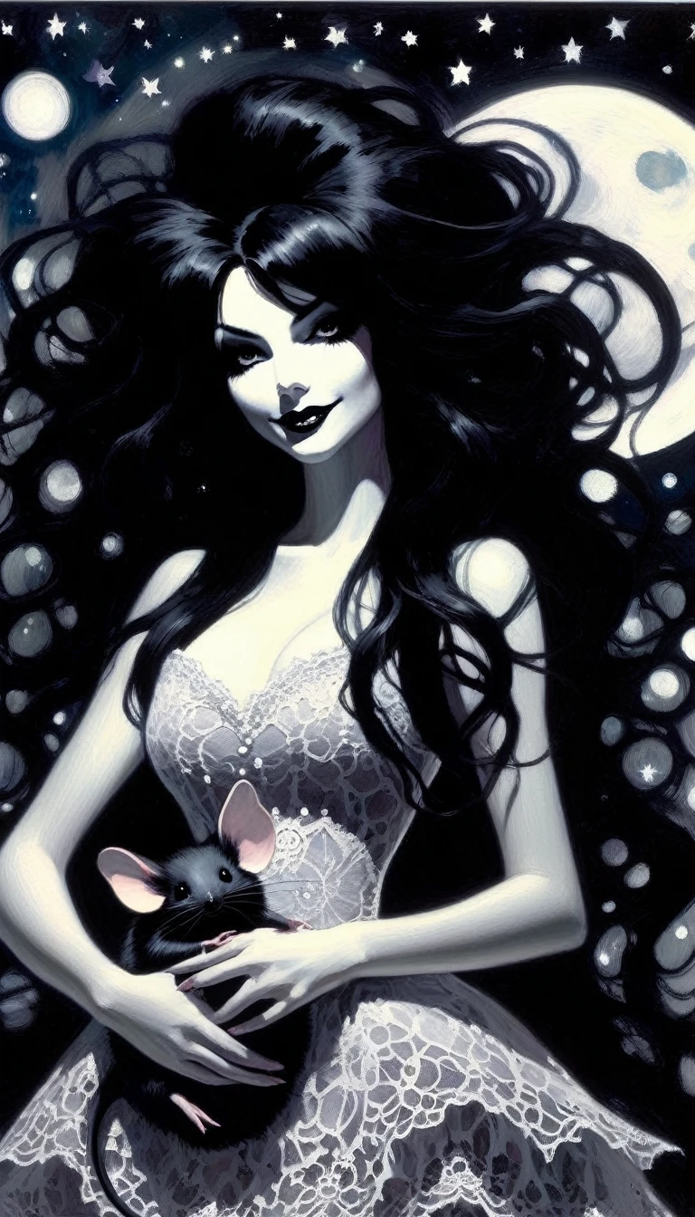 magical girl and her pet mouse, very long black hair, very sexy lace dress, naked sinister forest, magic, fantastic, night sky, moons, stars, background, nsfw, face full week, week in face, week in body, all week full, smile, (art inspired by Bill Sienkiewicz). oil painting) black and white image
