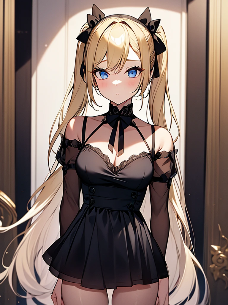 an adult girl, She has two pigtails falling over her shoulders, decorated with black ribbons, SHE HAS BLONDE HAIR, blue eyes and a very elegant black dress for a gala dinner with a cut that allows her to show her leg, wears beautiful evening makeup, He is at a gala party having a glass of champagne, full body image
