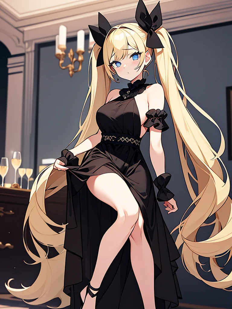 an adult girl, She has two pigtails falling over her shoulders, decorated with black ribbons, SHE HAS BLONDE HAIR, blue eyes and a very elegant black dress for a gala dinner with a cut that allows her to show her leg, wears beautiful evening makeup, He is at a gala party having a glass of champagne, full body image